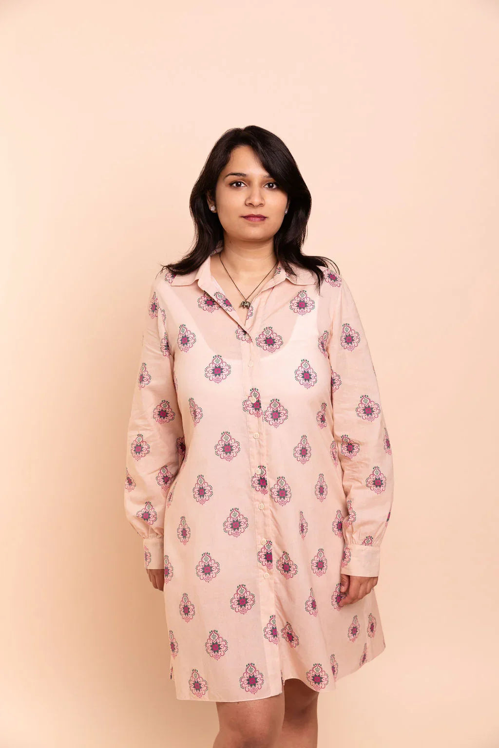 RANI - Peachy Pink Floral Shirt Dress