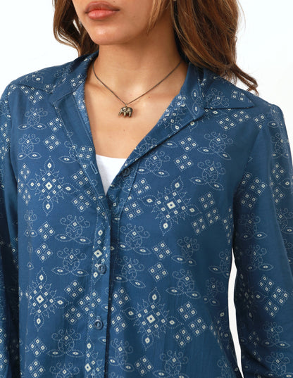 ARYA - Blue Bandhani Print Shirt Dress