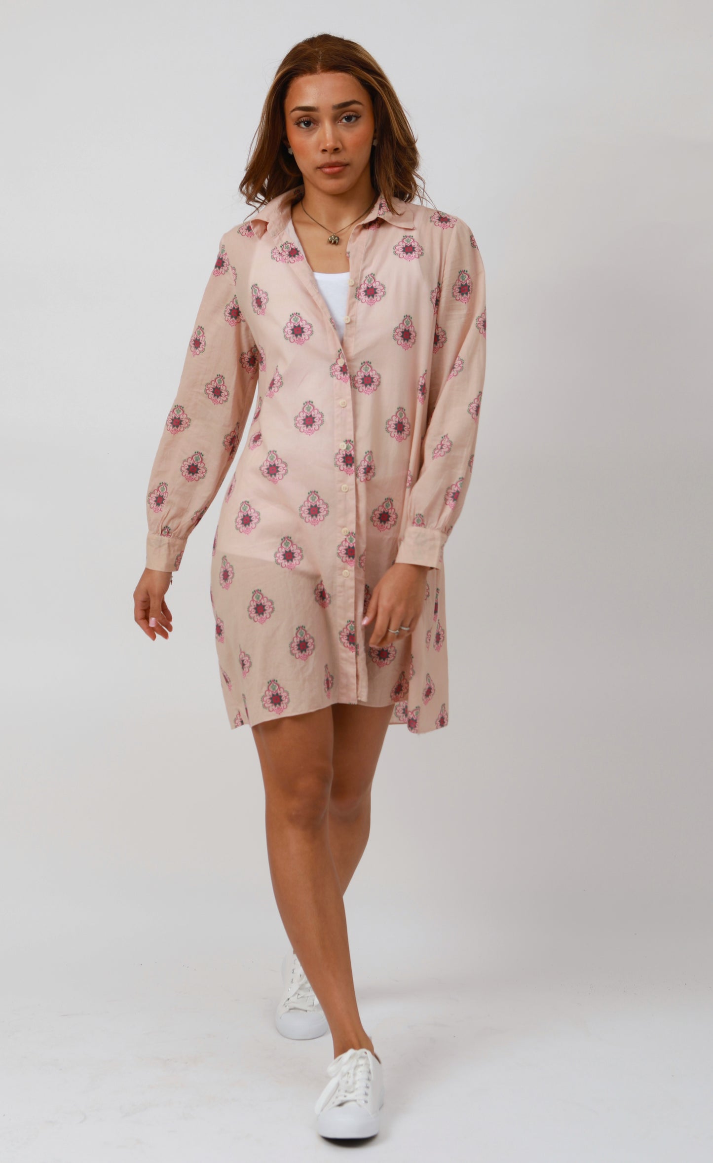 RANI - Peachy Pink Floral Shirt Dress