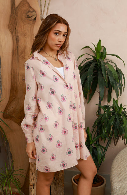 RANI - Peachy Pink Floral Shirt Dress