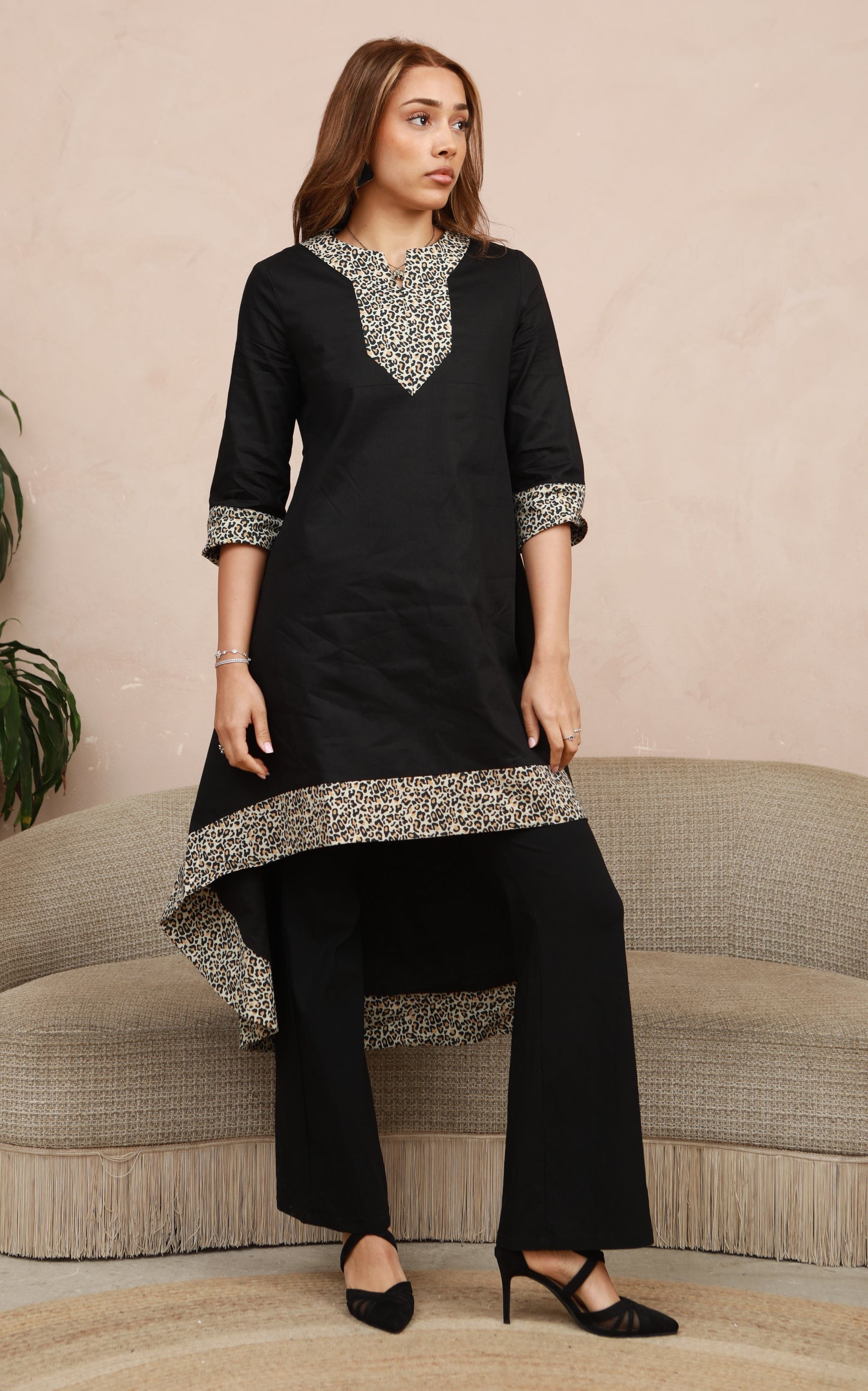 MAYA - Black dip hem dress with a touch of animal print