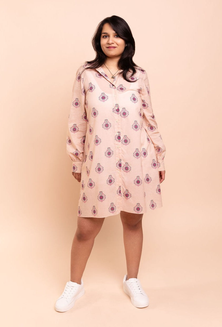RANI - Peachy Pink Floral Shirt Dress